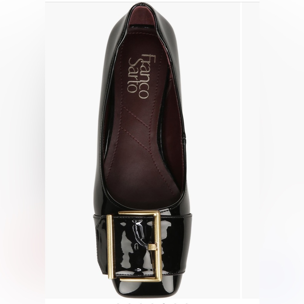 Franco Sarto Black Patent Loafers with Gold Buckle